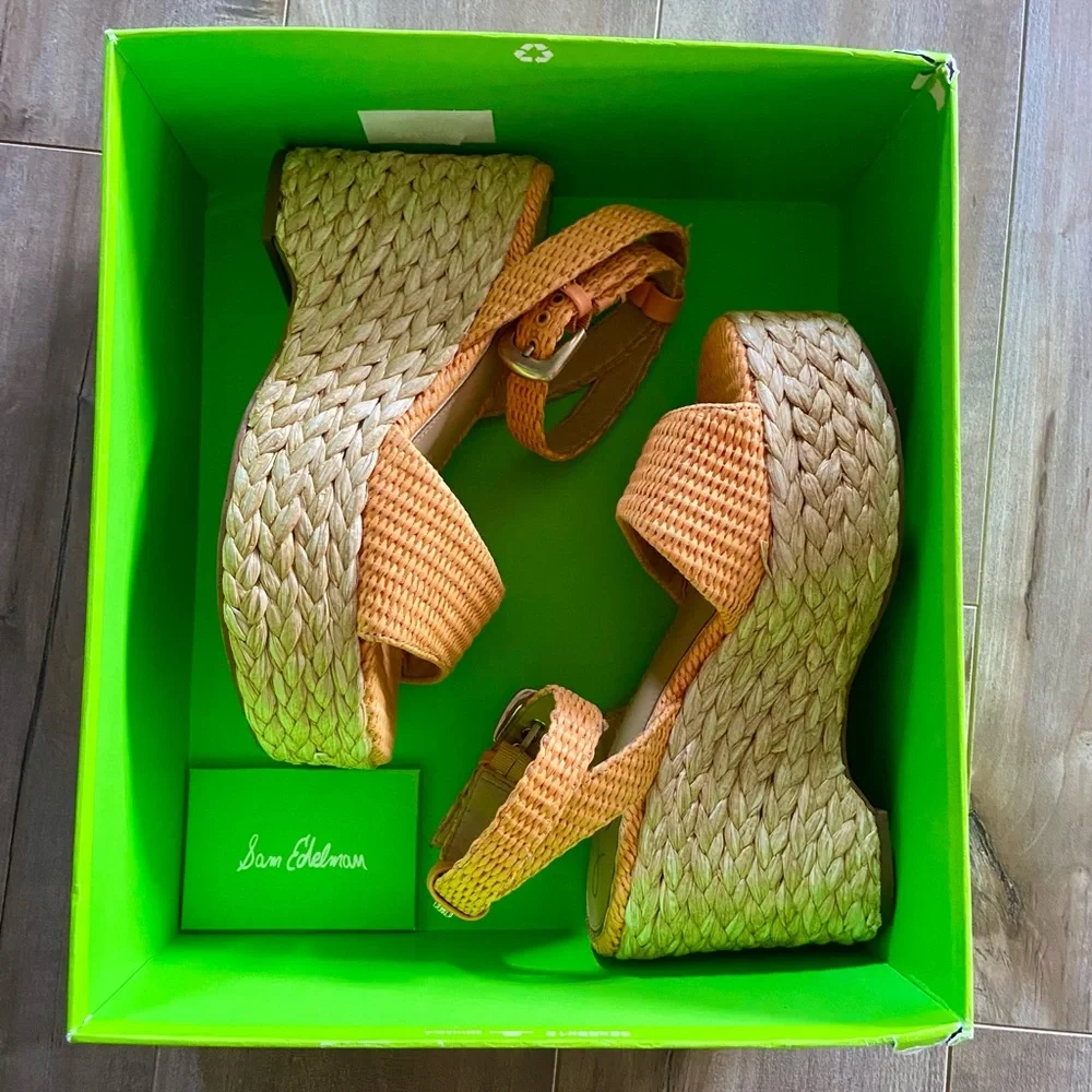 Sam Edelman April Platform Wedge Espadrille Sandal in Mari Gold Raffia